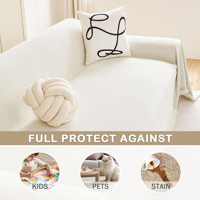 hyha Couch Cover for Dogs, Boho Sofa Covers for 3 Cushion Couch Washable, Chenille Sofa Slipcover for Pets, Soft Loveseat Sectional Couch Throw Blankets with Tassels (Beige, 71x150 Inch)