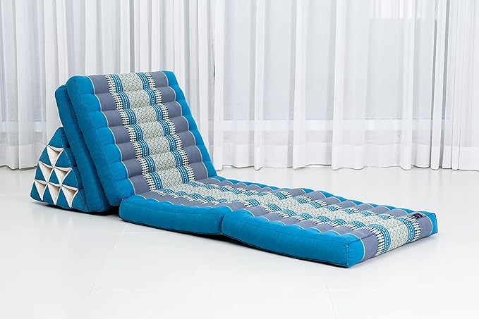 Leewadee Comfortable Japanese Floor Mattress - Thai Floor Bed with Triangle Cushion - Futon Mattress - XL Extra Long Thai Massage Mat, 89 x 20 inches, Light Blue, Kapok Filling