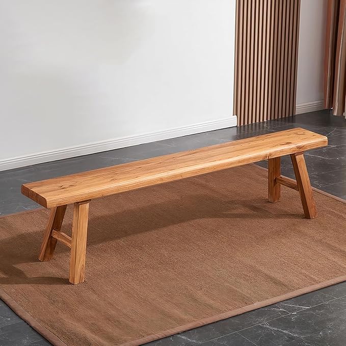 Farmhouse Wood Bench Indoor - 47.1Inch entryway Bench, Natural Solid Wood, Durable and Sturdy, Suitable for Dining Room, Bedroom, Porch and Other Narrow Spaces