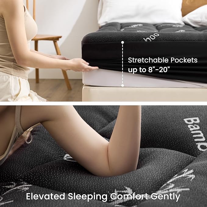 Love's cabin Twin Mattress Topper, Rayon Derived from Bamboo, 900 GSM Breathable Mattress Topper Pad, Thick Pillow Top Mattress Pad Stretches up with 8"-20" Deep Pocket(39"x75"), Black