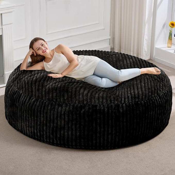 Hobestluk 6ft Bean Bag Chairs for Adults Large Beanbag Chair with Stripe Plush Cover Big Bean Bag Chair for Living Room Bedroom Dorm Office - Black (70" x 70" x 15")