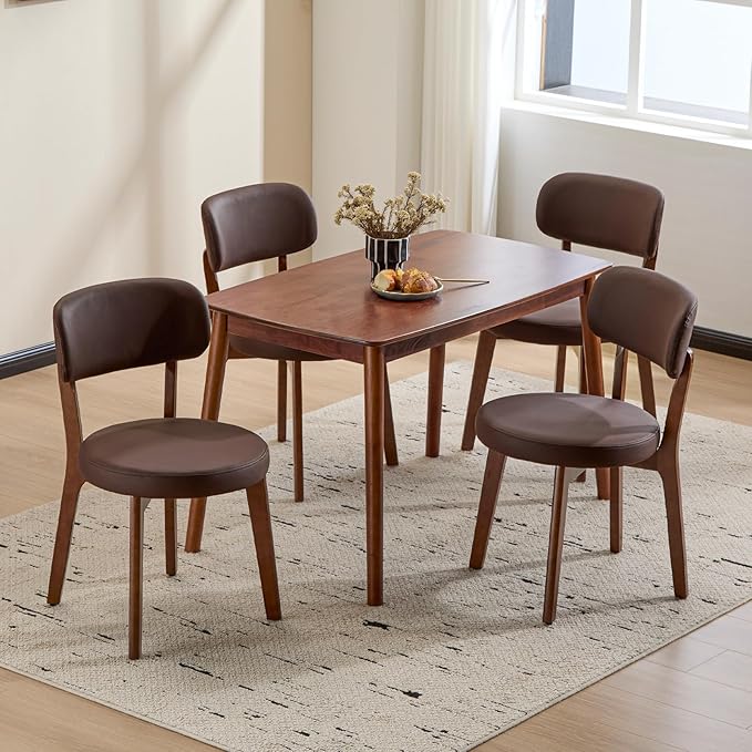 Furniliving Wooden Dining Chairs Set of 4, Mid-Century Modern Leather Upholstered Kitchen Chair with Solid Oak Wood, Farmhouse Dining Room Chairs, Brown