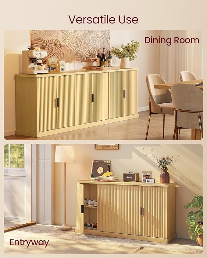 VASAGLE MAXE Collection - Buffet Cabinet, Console Cabinet, Sideboard with Adjustable Shelves, Fluted Doors, Transitional, Kitchen Pantry, Oak Beige UBBK382Y01S