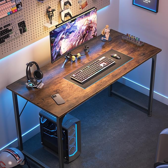 Huuger Computer Desk, 40 Inch Office Desk, Gaming Desk with Storage, Writing Desk Work Desk for Home Office, Study, Modern Simple Desk, Large Legroom, Metal Frame, Rustic Brown