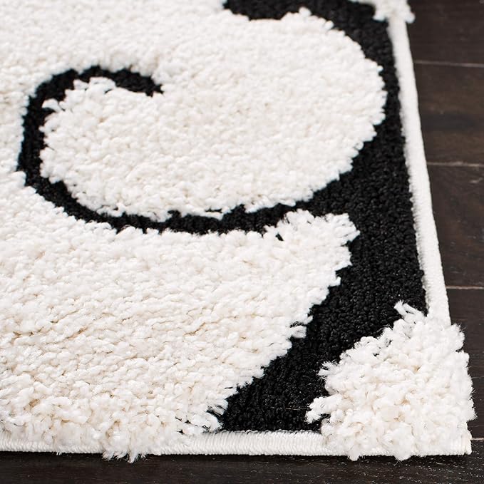 SAFAVIEH Florida Shag Collection Area Rug - 8' Square, Ivory & Black, Scroll Design, Non-Shedding & Easy Care, 1.2-inch Thick Ideal for High Traffic Areas in Living Room, Bedroom (SG455-1290)