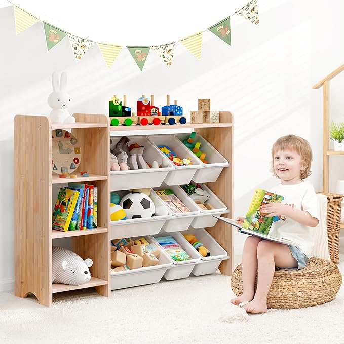 MallBest 4-Tier Kids' Toy Storage Organizer Shelf - 100% Solid Wood,Children's Storage Cabinet with 9 Plastic Bins and and 3 Storage Ports (Varnish-Single Color)