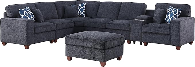 L-Shaped Sectional Couch for Living Room with Movable Ottoman&6 Throw Pillows,7 Seat Chenille Upholstered Sofa W/2 Cup Holder,USB Port&Hidden Storage Box,DIY Combination,Apartment,Dark Gray,127"