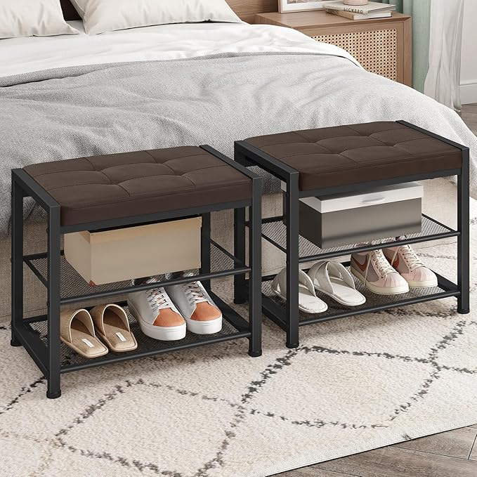 HOOBRO Small Shoe Bench, 3-Tier Shoe Rack, Shoe Storage Bench with PU Seat Cushion, Entryway Shoe Rack Bench with Metal Mesh Shelves, Freestanding Shoe Organizer for Hallway, Brown CB33HX01