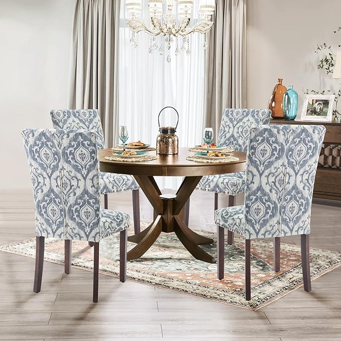 Parsons Dining Chairs Set of 6, Upholstered Nailhead Dining Room Kitchen Side Chair with Thick Cushions and Wood Legs, White/Blue
