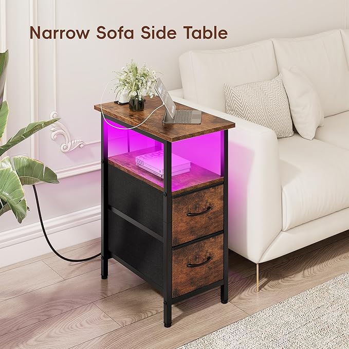 Vagusicc Nightstand with Charging Station and LED Lights, Narrow Side Table, LED Night Stand with 2 Fabric Drawers, Bedside Table with USB Ports and Outlets, Tall Nightstand for Bedroom, Rustic Brown