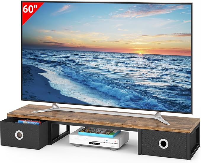 45" Large TV Riser with Fabric Drawers for 32-60 inch TV, TV Stand Riser with Steel Legs, Tabletop TV Riser Shelf, Monitor Stand Riser for Home Office, Rustic Brown