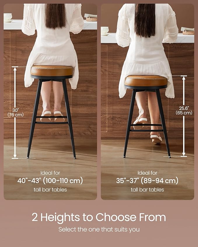 VASAGLE EKHO Collection - Swivel Bar Stools Set of 2, Bar Height Backless Bar Stools, Synthetic Leather with Stitching, Mid-Century Modern, 30-Inch Tall Kitchen Barstools for Home Bar, Caramel Brown