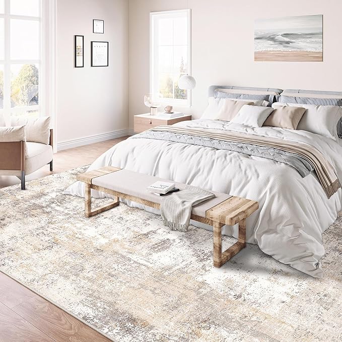 9x12 Washable Area Rug Beige Grey Neutral Abstract Living Room Bedroom Large Throw Rug Non Slip Soft Low Pile Indoor Floor Carpet for Dining Room Kitchen Office Entryway