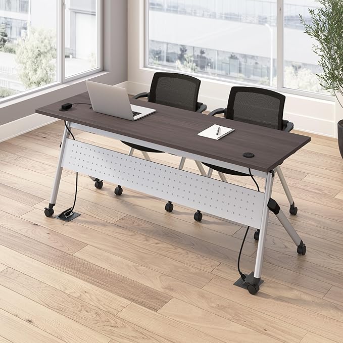 Bush Business Furniture Folding Training Table Set for 2, 72 inch Desk with Powered Grommets and 2 Chairs with Arms, Commercial-Grade Bundle for Office or Classroom, Envision Collection, Gray