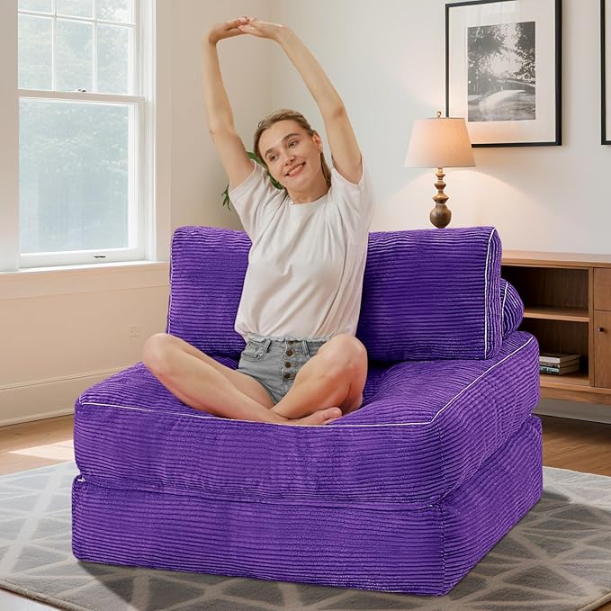 HABUTWAY Folding Sofa Bed, Convertible Sleeper Chair Bed w/Dual-Pillow & Handle, Foldable Floor Sofa Lounge w/Back Support for Living Room, Bedroom, Apartment, Office, Purple