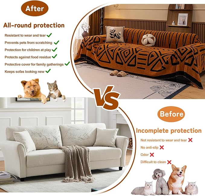 HANDONTIME Sofa Covers for Couch Pet-Friendly Caramel Black Couch Cover for Dogs Shu Velveteen Short Plush Sofa Covers for 3 Cushion Boho Brunt Orange Furniture Protector Washable, 71" X134"