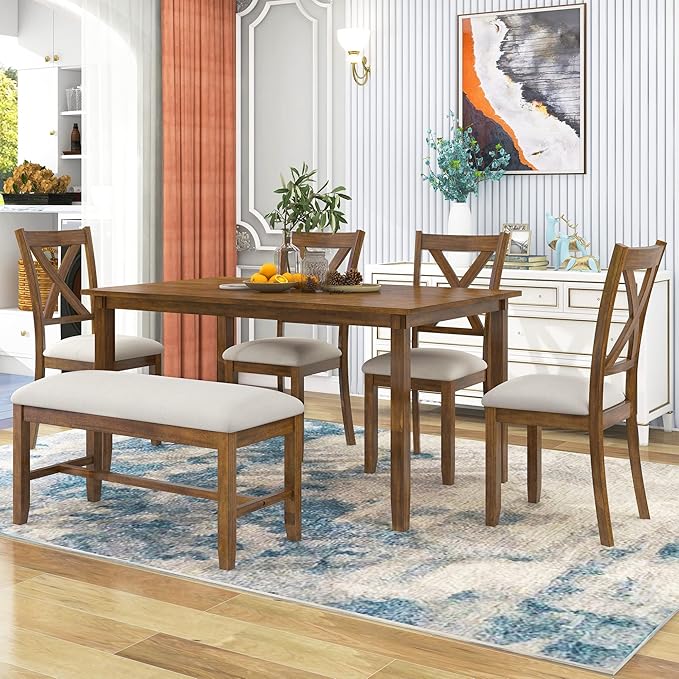 SogesPower 6-Piece Kitchen Dining Table Set for 4-6,Rectangular Dining Table with 4 Fabric Chairs & 1 Bench for Dining Room Living Room,Natural Cherry