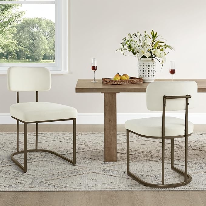 Dining Chairs Set of 6, Upholstered Modern Kitchen Chairs with Ergonomic Backrest, Fabric Cushion Seat & Metal Legs for Living Room, Restaurant, and Café, Ivory, 2Boxs