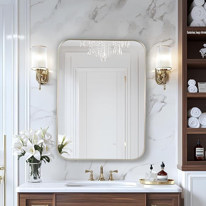 MZON 16x20Inch Brushed Nickel Bathroom Mirror, Rectangle Wall Mounted Mirror for Bathroom or Dresser, Anti-Rust Frame&Tempered Glass, Hangs Horizontally/Vertically - Space-Saving Modern Decor