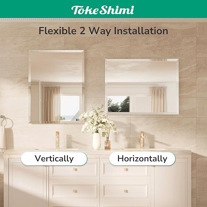 TokeShimi 55x36 Rectangle Bathroom Vanity Mirror Beveled, Tempered Frameless Wall Mirror with 1" Beveled Edge, Shatterproof Farmhouse Mirror Wall Mounted for Living Room, Entryway, Restroom