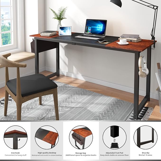 Decoholic 63 Inch Home Office Computer Two-Color Panel Desk with Storage Bag and Hook, Black, Sandalwood Color, Industrial Modern Laptop Desk