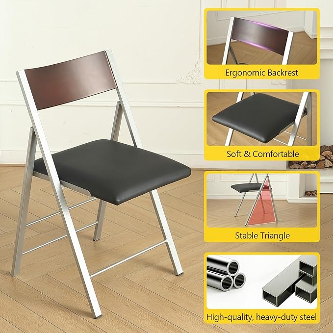Folding table and chair set, dining table with extra large storage space and 4 universal wheels, matched with padded steel frame folding chairs, space-saving dining table and 4 chairs (Black)