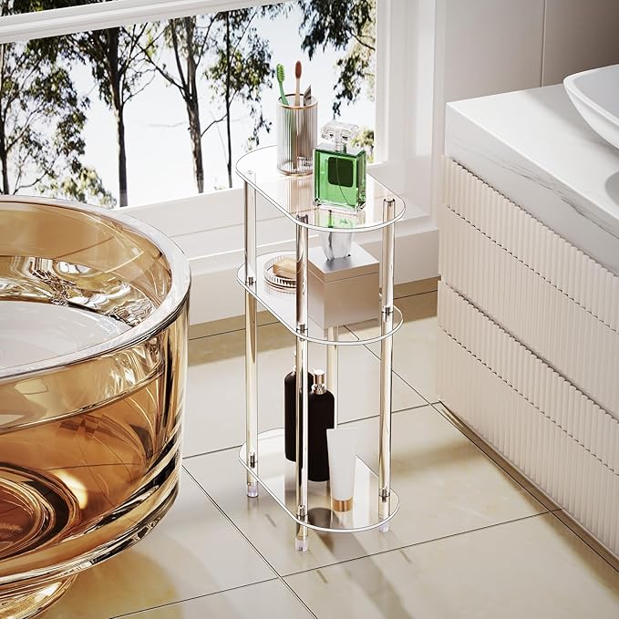 Clear Acrylic Narrow Side Table for Small Spaces, 15.75" L x 7.87" W x 24.6" H, 3 Tier Oval Slim End Table Nightstand, Small Minimalist Skinny Bedside Table for Bedroom, Bathroom, Living Room