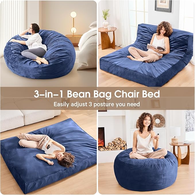 Bean Bag Chairs for Teens - Bean Bag Chair Convertible Bean Bag Bed - Small Beanbag Chair with Micro Fiber Cover/Furniture Foam Filler - Floor Couch Sofa in Bedroom Dorm Room - Youth Navy Blue