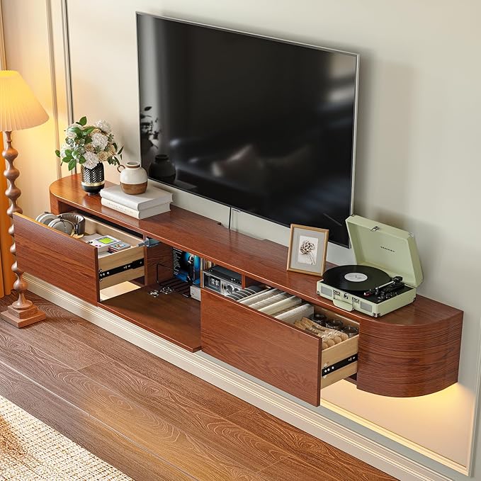 Fully Assembled Floating TV Stand with Drawers, 78IN Vintage Wall Mounted Entertainment Center, Minimalist Large Storage Console Under TV, Solid Wood Media Shelf for Living Room, Bedroom
