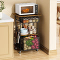 Microwave Stand with Drawers & Hooks,3-Tier Rolling Kitchen Cart for Small Spaces, Multifunctional Storage Organizer with Lockable Wheels Rustproof(Black +Vintage, 20.8 * 15.7 * 32.6inch)