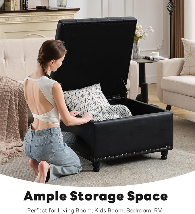 Tbfit Large Square Storage Ottoman Bench, Button Tufted Coffee Table, Oversized Storage Ottomans Toy Box Footrest for Living Room, Black