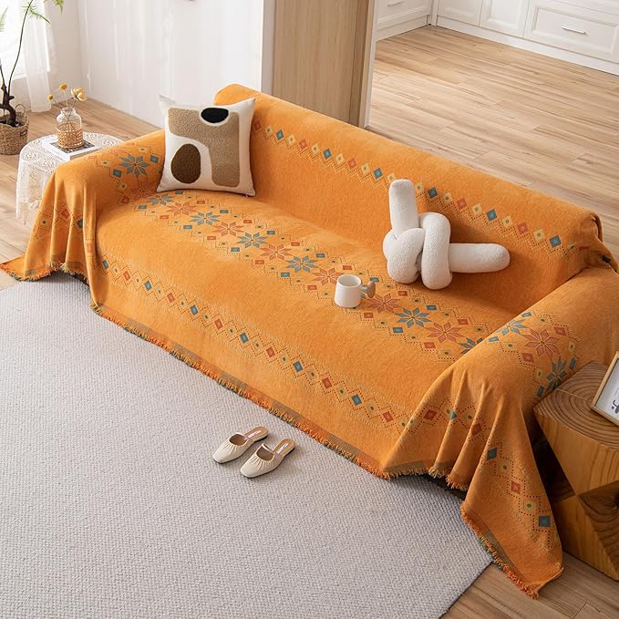 STACYPIK Orange Jacquard Sofa Cover for Sectional, Boho Couch Cover for Loveseat, Non Slip & Stain-Resistant Furniture Protector for 3 Cushion Couch, Reversible Couch Slipcover for Dogs-71X150IN