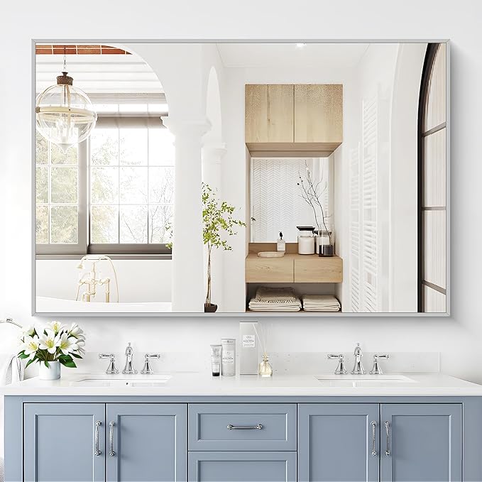 40x60inch Silver Bathroom Mirror, Silver Rectangle Mirror with Frame, Large Rectangular Wall Mirrors for Bathroom, Living Room, Hair Salon, Big Farmhouse Mirror Hang Horizontal/Vertical
