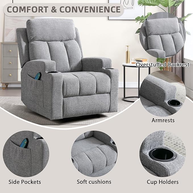 Phoenix Home Manual Recliner Chair with Massage and Heat Ergonomic Overstuffed Breathable Fabric Reclining Chair with 2 Side Pockets, 2 Cup Holders, Remote Control, Living Room, Bedroom, Gray
