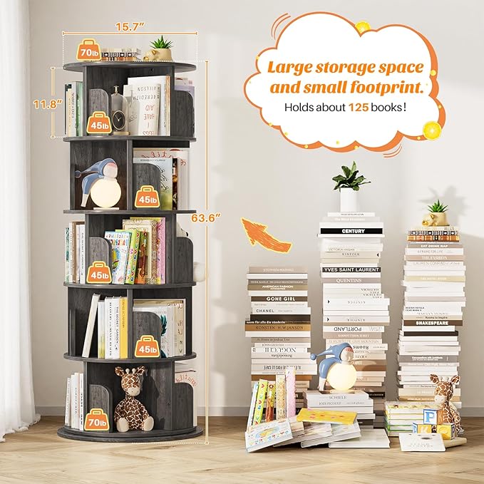 Aheaplus Rotating Bookshelf, 360 Display Wood Spinning Bookshelf Tower, 5 Tier Floor Standing Bookcase Storage Rack, Revolving Bookcase Corner Bookshelf for Small Space, Bedroom, Study Room,Black Oak