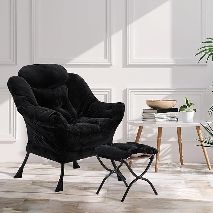 Fabric Lazy Chair with Ottoman, Oversized Upholstered Sofa Chair for Adults, Plush Comfy Lounge Chair with Large Side Storage Pocket, Reading Chair for Living Room, Bedroom, Study Room, Black