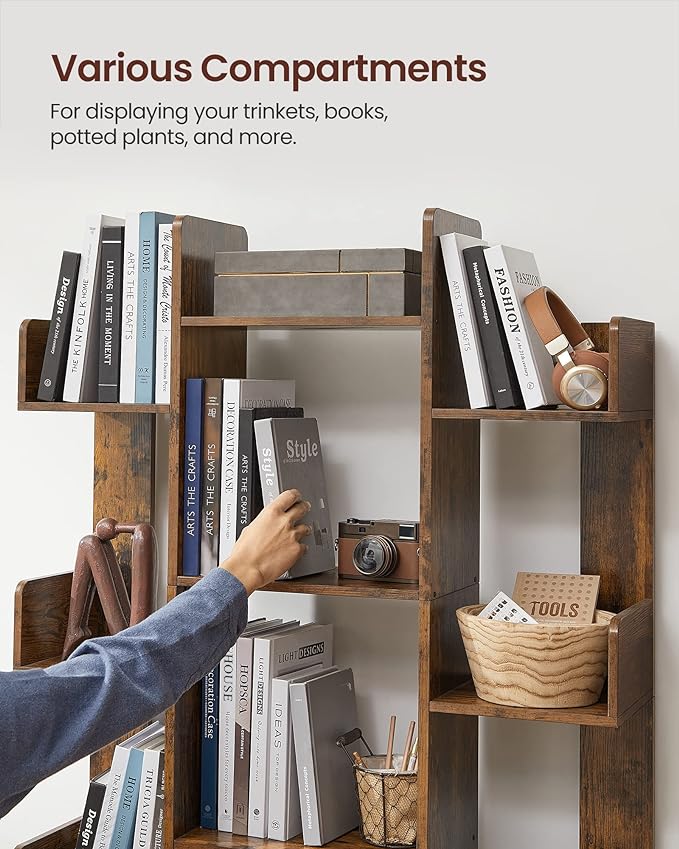 VASAGLE Bookshelf, Tree-Shaped Bookcase with 13 Storage Shelves, Rounded Corners, 9.8”D x 33.9”W x 55.1”H, Rustic Brown ULBC67BXV1