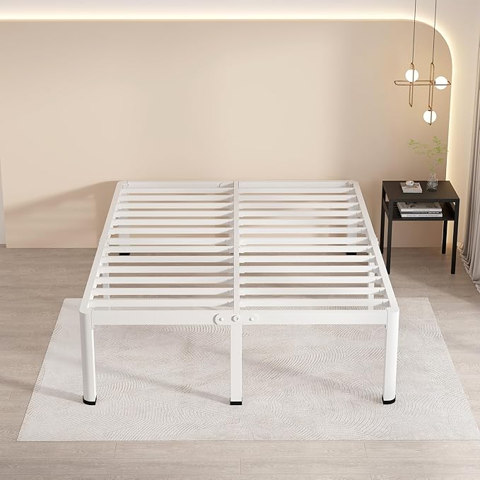 MAF 18 Inch Queen Size Bed Frame White with Round Corner Legs Mattress Slide Stopper No Box Spring Needed Heavy Duty Metal Platform Bed Frames Under-Bed Storage Space, 3000 LBS Steel Slats Support