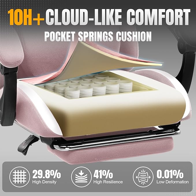 GTRACING Gaming Chair with Foot Rest & Pocket Spring Cushion, Breathable Fabric for Home Office Desk, Ergonomic High Back Computer Chair with Headrest & Lumbar Support, Pink