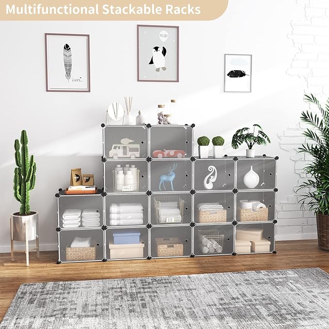 Portable Shoe Rack with Door, 64 Pairs Cabinet Easy Assembly, Plastic Adjustable Shoe Storage Organizer Stackable Detachable Free Standing DIY Expandable 8 Tier Black