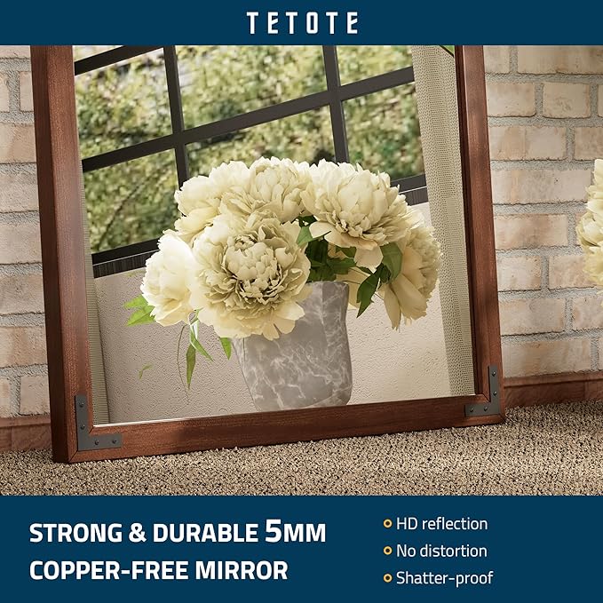 TETOTE 18 x 26 Walnut Wood Mirror for Bathroom Wall/Bedroom/Living Room/Entryway Farmhouse Rustic Bathroom Vanity Mirror for Over Sink Waterproof (Horizontal/Vertical Mounted)