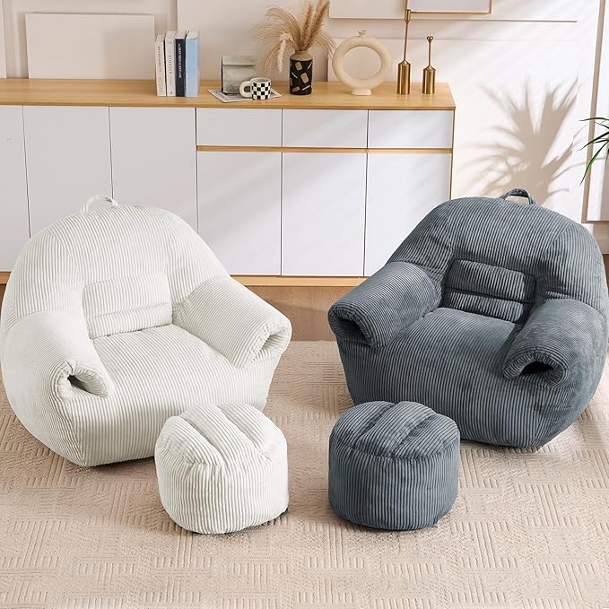 DAICO Bean Bag Chairs for Adults Beanbag Sofa with Ottoman Comfy Accent Chair with Armrests Corduroy Couch with Foam Single Lazy Sofas for Living Room Reading Bedroom Gaming Office Dark Gray