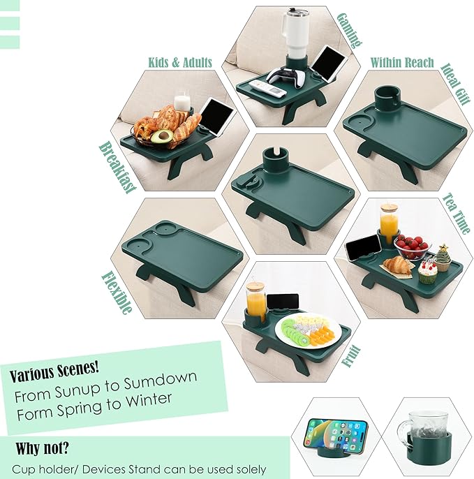 Nnewvante Couch Arm Table,3 in 1 Large 15.36"x9.85" Bamboo Sofa Arm Clip on TV Tray Table with 360°Rotated Phone/Cup Holder, Dark Green