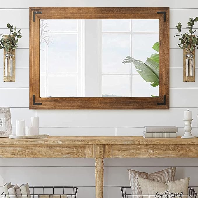 YOSHOOT Rustic Wooden Framed Wall Mirror, Natural Wood Bathroom Vanity Mirror for Farmhouse Decor, Vertical or Horizontal Hanging