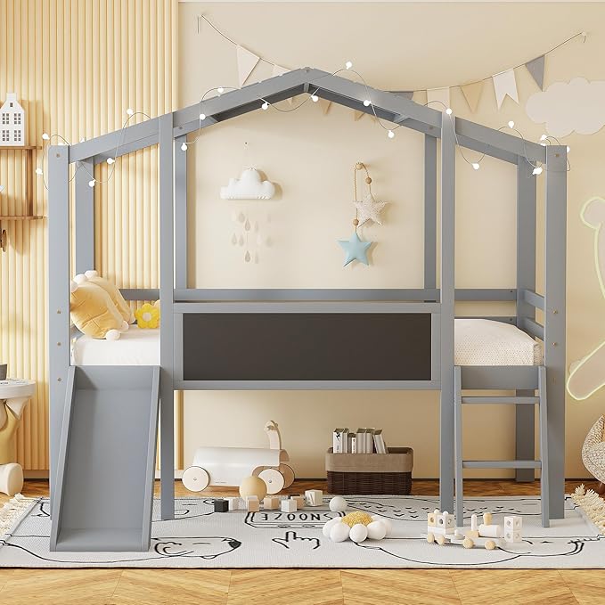Ball & Cast Twin Size House Loft Bed with Ladder and Slide,Wood Bunkbed w/Blackboard and Light Strip on The Roof,Slat Support,Space Saving,Bedroom Furniture for Student Dorms,Gray