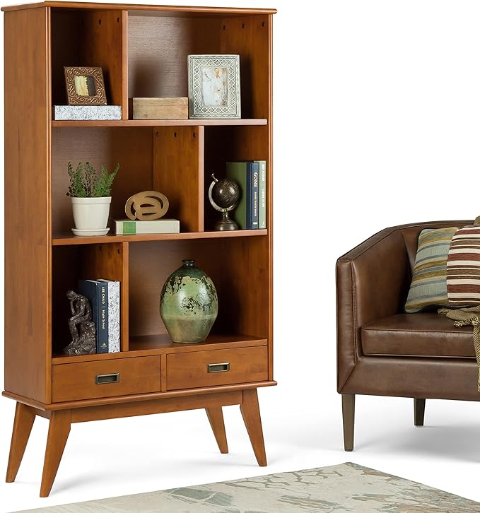 SIMPLIHOME Draper Bookcase - 64 inch Tall Solid Hardwood Wide Storage Bookshelf in Teak Brown, Mid-Century Modern Storage for Living Room, Study Room or Office with Adjustable Shelves and Tapered Legs