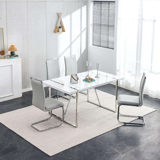 Dining Chairs Set, Kitchen Modern Metal Chairs with Faux Leather Padded Seat High Back and Sturdy Chrome Legs, Chairs for Dining Room (Light Gray, Set of 4)