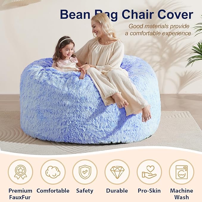 Large Bean Bag Covers Only, Fluffy Stuffed Beanbag Chair Covers No Filler, Washable Bean Bags Cover for Adults, Stuffed Animal Bean Bag Anti-Slip, 7FT, Blue