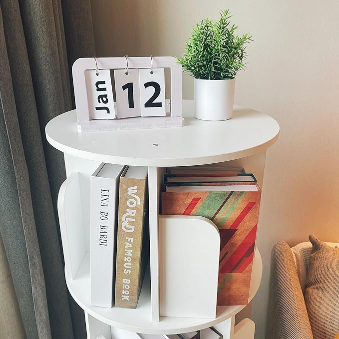 Heehee Wooden Rotating Bookshelf 360 Display Floor Standing Bookcase Storage Rack for Kids&Adults Multi-Functional Bookshelf Organizer (White (5-Tier))