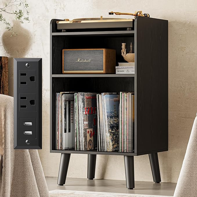 Record Player Stand, Turntable Stand with Record Storage and Charging Station & USB Ports, Record Player Table with Metal Divider, Record Stand Up to 120 Albums for Living Room, Bedroom Black